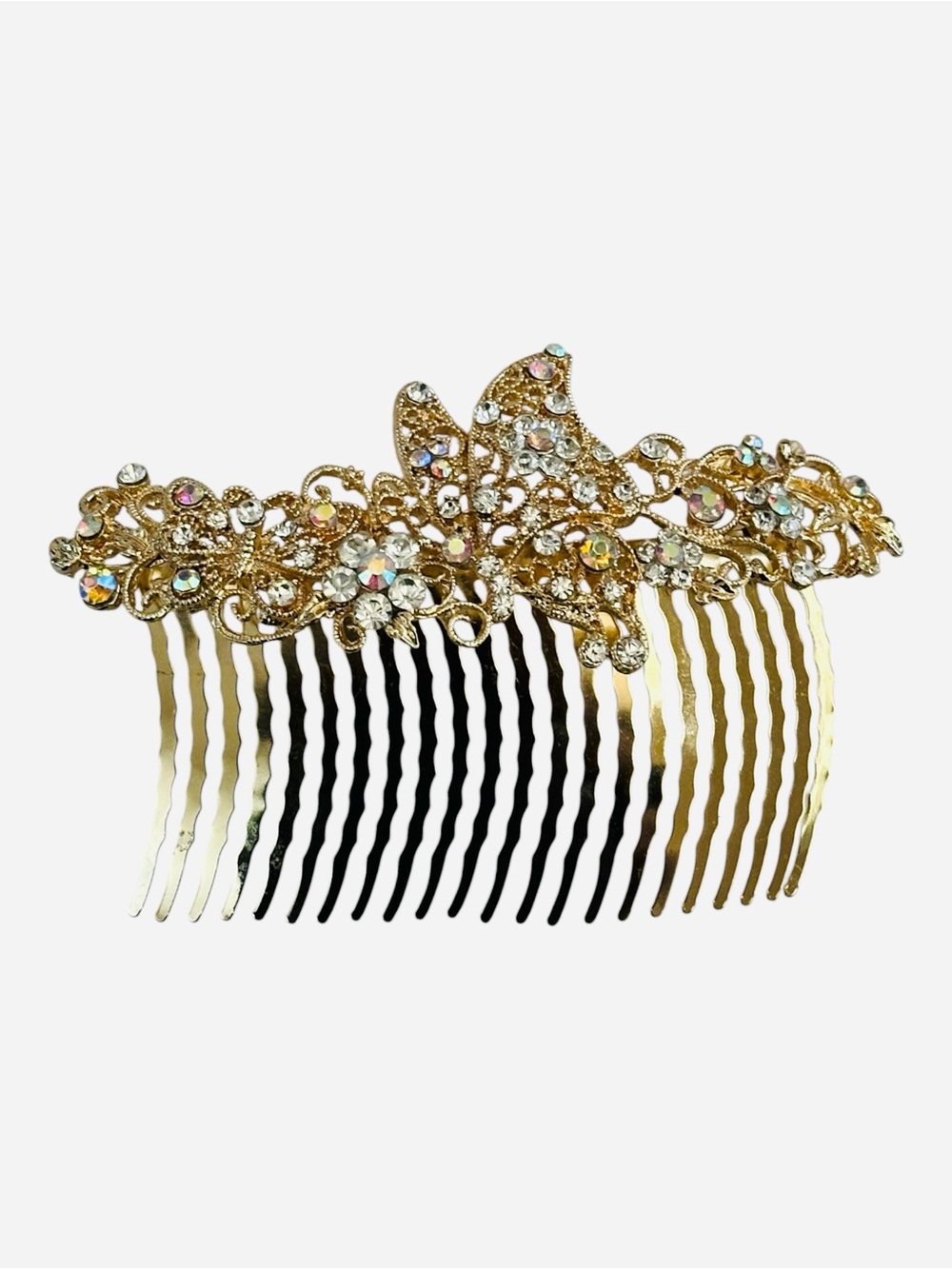Gold Rhinestone Butterfly Floral Hair Comb Bridal Wedding Prom Formal Accessory - Picture 7 of 9